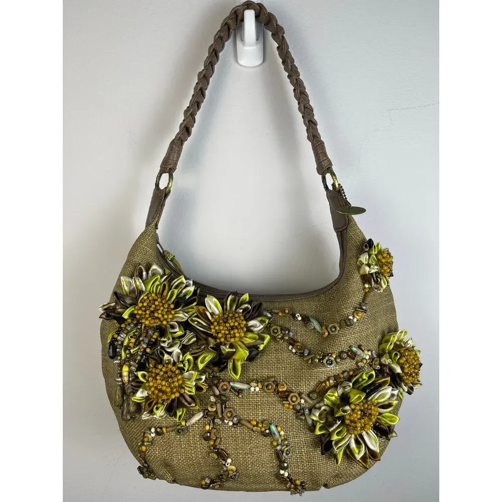 Mary Frances olive green burlap hobo bag floral embellished beaded art to wear